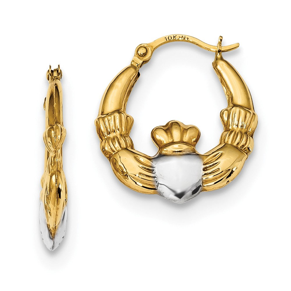 Million Charms 14k Yellow Gold and Rhodium Polished Claddagh Hoops, 17.49mm x 16.3mm