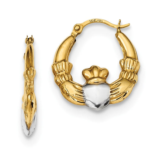 Million Charms 14k Yellow Gold and Rhodium Polished Claddagh Hoops, 17.49mm x 16.3mm