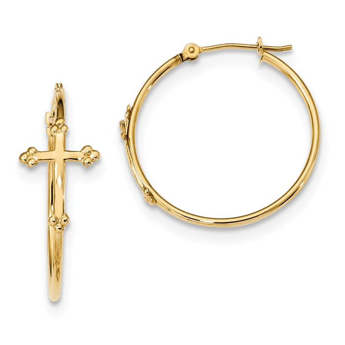 Million Charms 14k Yellow Gold Polished Cross On Hoops, 25.52mm x 25.19mm