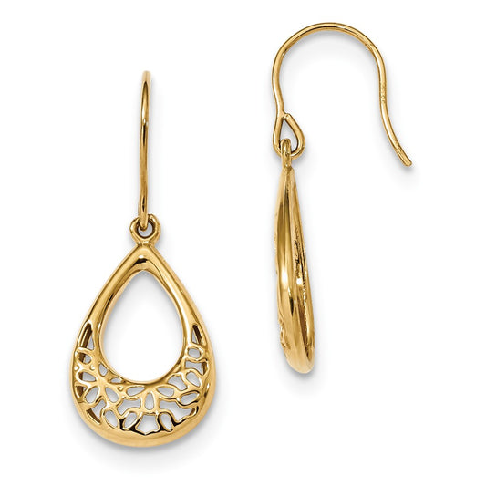 Million Charms 14k Yellow Gold Polished Floral Teardrop Shepherd Hook Earrings, 31.5mm x 12.5mm