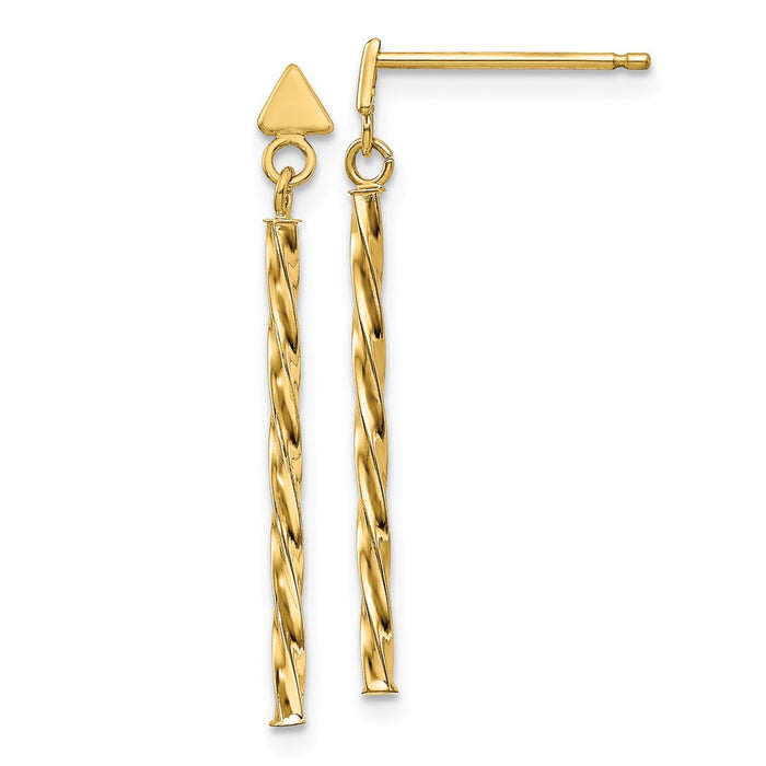 Million Charms 14k Yellow Gold Polished Twist Bar Dangle Earrings, 27mm x 1.75mm