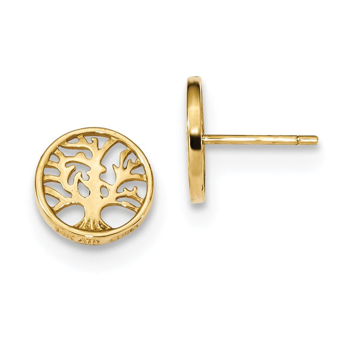 Million Charms 14k Yellow Gold Round Tree Post Earrings, 10mm x 10mm