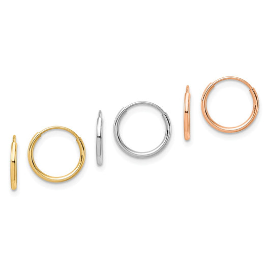 Million Charms 14K Tri Color 3-pair Hoop Earrings Set,
