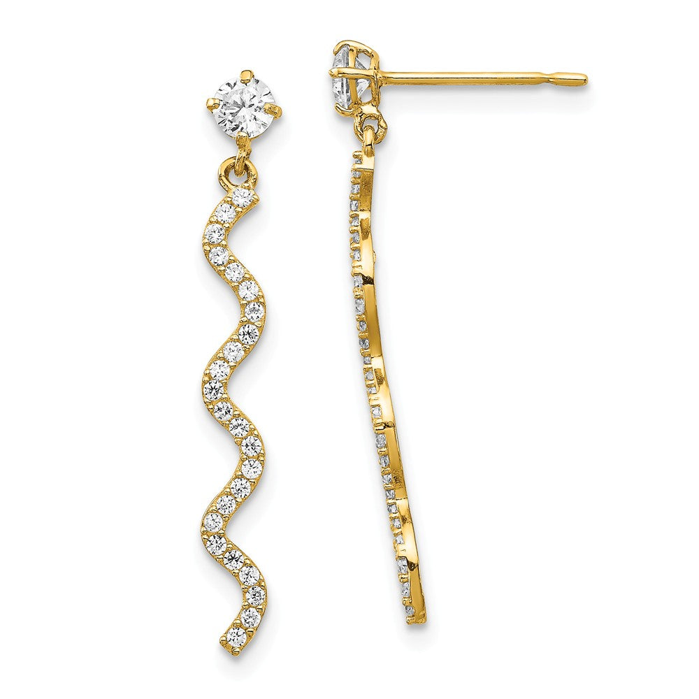 Million Charms 14k Yellow Gold Cubic Zirconia ( CZ ) Wave Dangle Post Earrings,