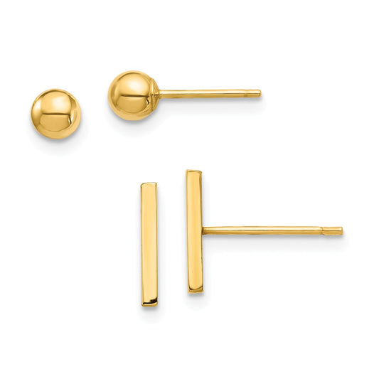 Million Charms 14k Yellow Gold Bar and Ball Post Earrings Set,