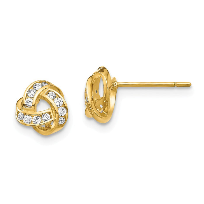 Million Charms 14k Yellow Gold Cubic Zirconia ( CZ ) Love Knot Post Earrings, 6.72mm x 6.42mm