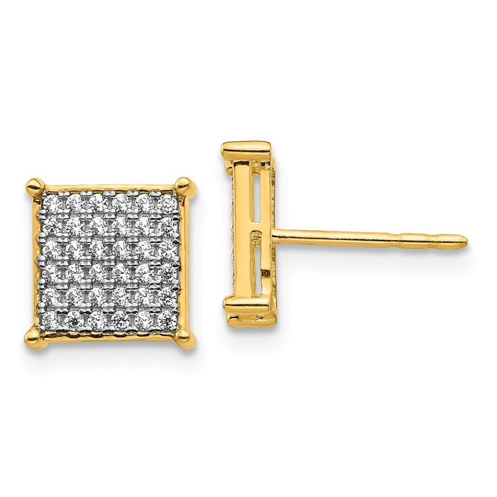 Million Charms 14k Yellow Gold Cubic Zirconia ( CZ ) Pav‚ Square Post Earrings, 7.75mm x 7.75mm