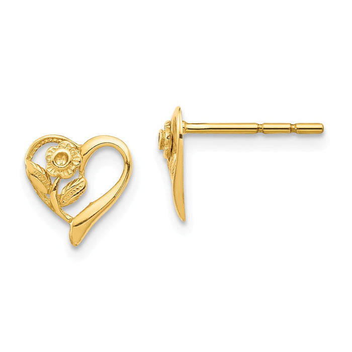 Million Charms 14k Yellow Gold Heart with Flower Post Earrings, 7.7mm x 8mm