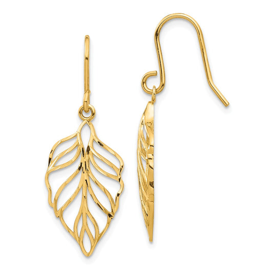 Million Charms 14k Yellow Gold Leaf Dangle Earrings, 33.25mm x 10.88mm