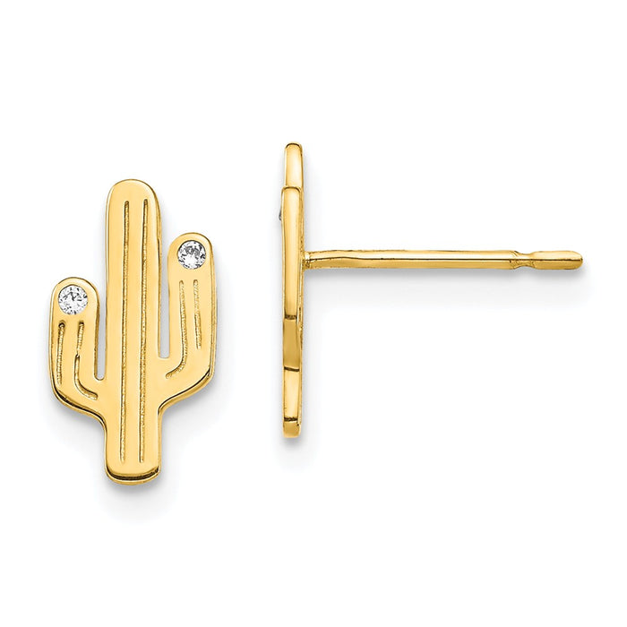 Million Charms 14k Yellow Gold Cactus Cubic Zirconia ( CZ ) Stud Earrings, 10.22mm x 5.87mm