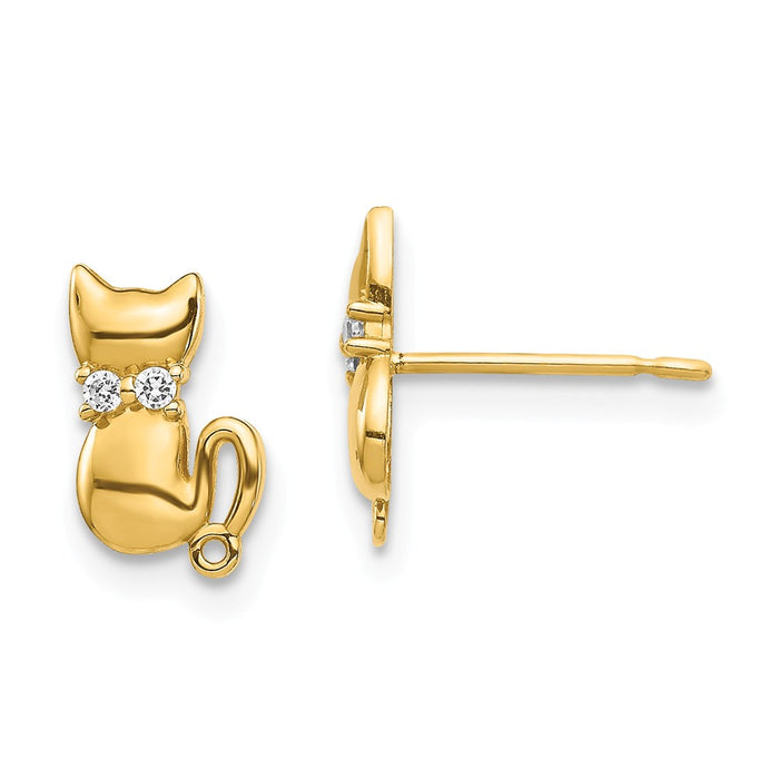 Million Charms 14k Yellow Gold Sitting Cat Cubic Zirconia ( CZ ) Bowtie Stud Earrings, 7.8mm x 5.7mm