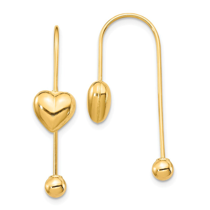 Million Charms 14k Yellow Gold Puffed Heart with Screw End Threader Earrings, 28.65mm