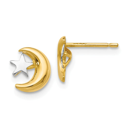 Million Charms 14k Polished & Rhodium Moon & Star Post Earrings, 7.5mm x 6.5mm