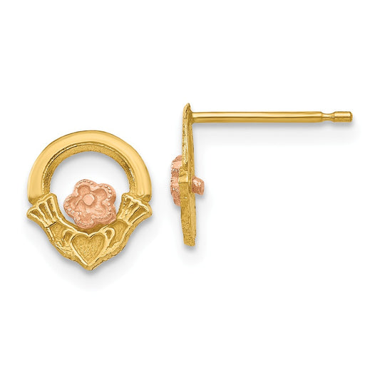 Million Charms 14k Two-tone Polished & Diamond-Cut Satin Claddagh Post Earrings, 9mm x 7mm