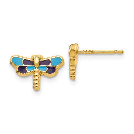 Million Charms 14k Yellow Gold Enameled Dragonfly Earrings, 7mm x 11mm