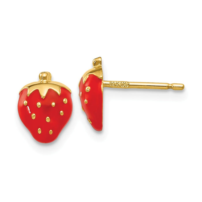 Million Charms 14k Yellow Gold Enameled Strawberry Earrings, 8mm x 6mm