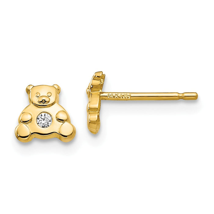Million Charms 14k Yellow Gold Bear with Cubic Zirconia ( CZ ) Earrings, 6mm x 6mm