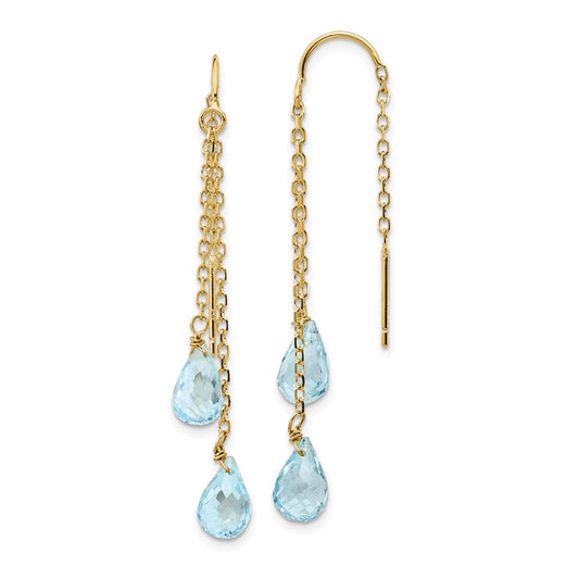 Million Charms 14k Yellow Gold Double Blue Topaz Pear Shape Threader Earrings, 47mm x 5mm