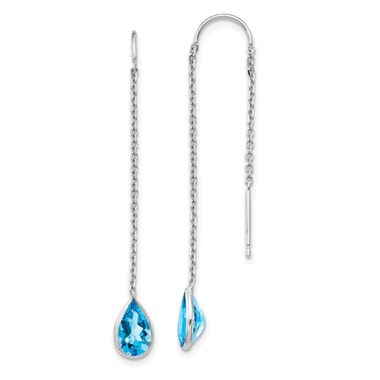 Million Charms 14k White Gold Blue Topaz Pear Bezel Threader Earrings, 45mm x 5mm