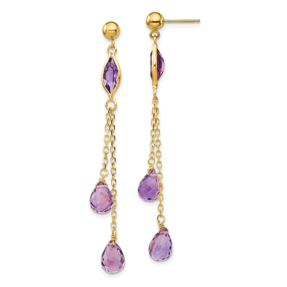 Million Charms 14k Yellow Gold Amethyst Post Dangle Earrings, 52mm x 5mm