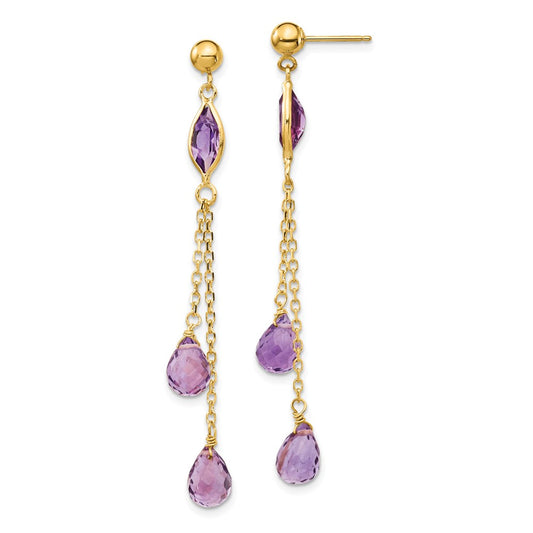 Million Charms 14k Yellow Gold Amethyst Post Dangle Earrings, 52mm x 5mm