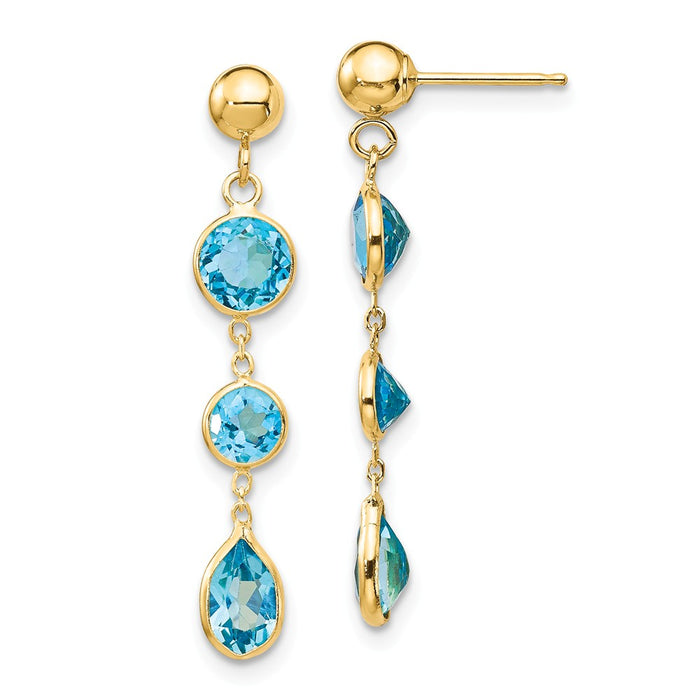 Million Charms 14k Yellow Gold Blue Topaz Gemstone Dangle Earrings, 35mm x 5mm