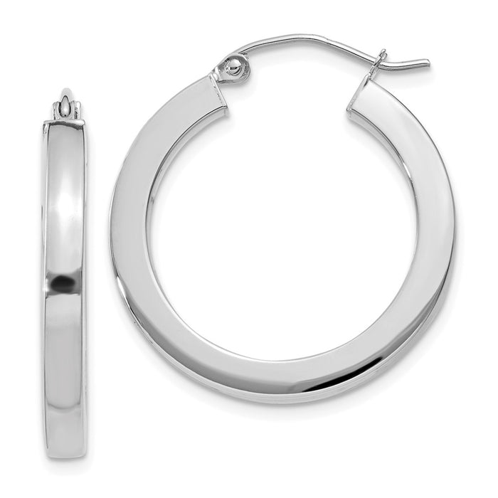 Million Charms 14k White Gold 3mm Polished Square Tube Hoop Earrings, 25mm x 3mm