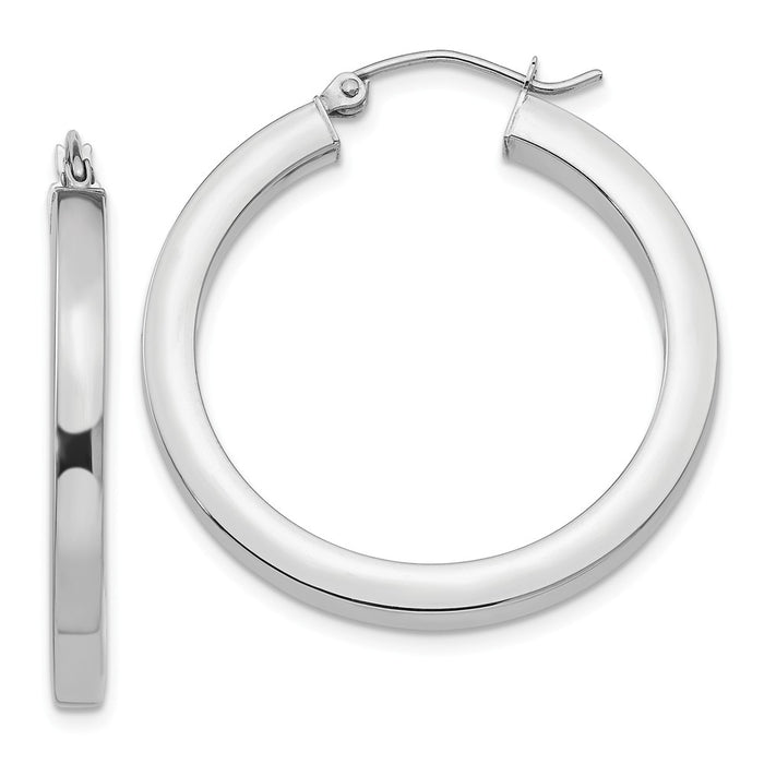 Million Charms 14k White Gold 3mm Polished Square Tube Hoop Earrings, 30mm x 3mm