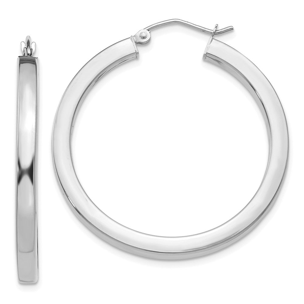 Million Charms 14k White Gold 3mm Polished Square Tube Hoop Earrings, 35mm x 3mm