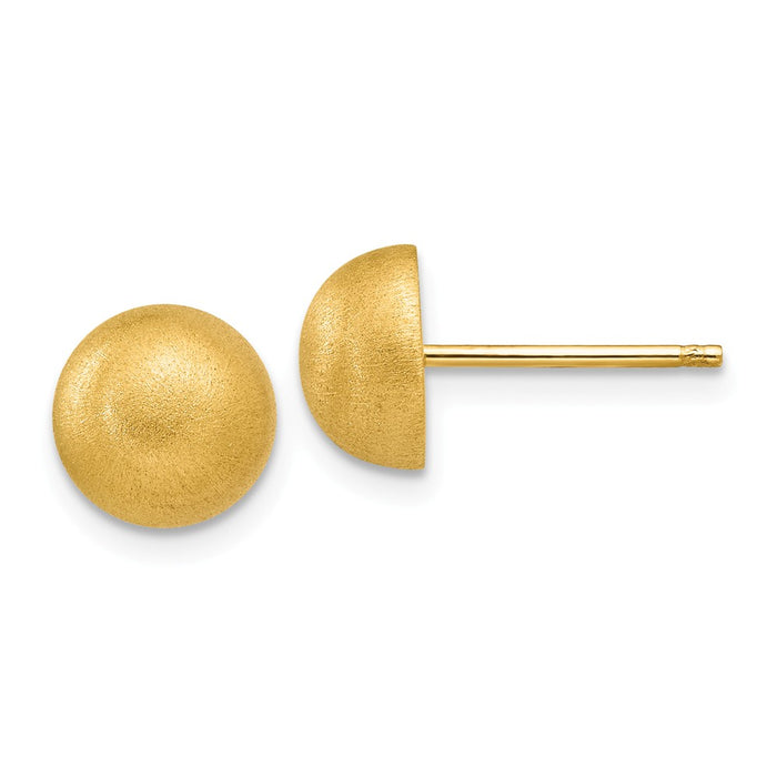 Million Charms 14k Yellow Gold Hollow Satin 8.00mm Half Ball Post Earrings, 8mm x 8mm