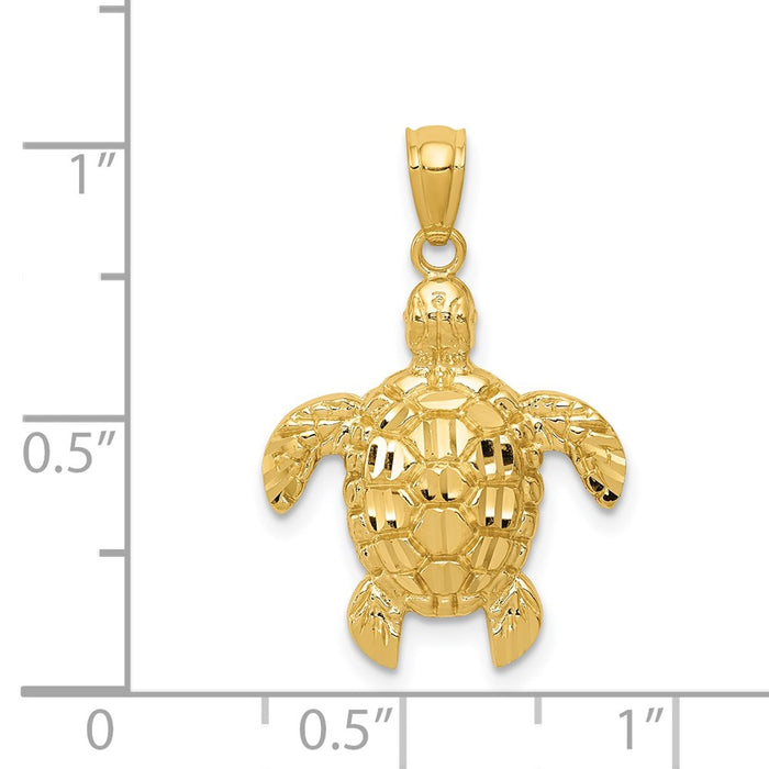 Million Charms 14K Yellow Gold Themed Diamond-Cut Polished Sea Turtle Pendant