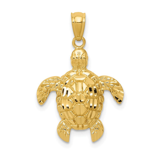 Million Charms 14K Yellow Gold Themed Diamond-Cut Polished Sea Turtle Pendant