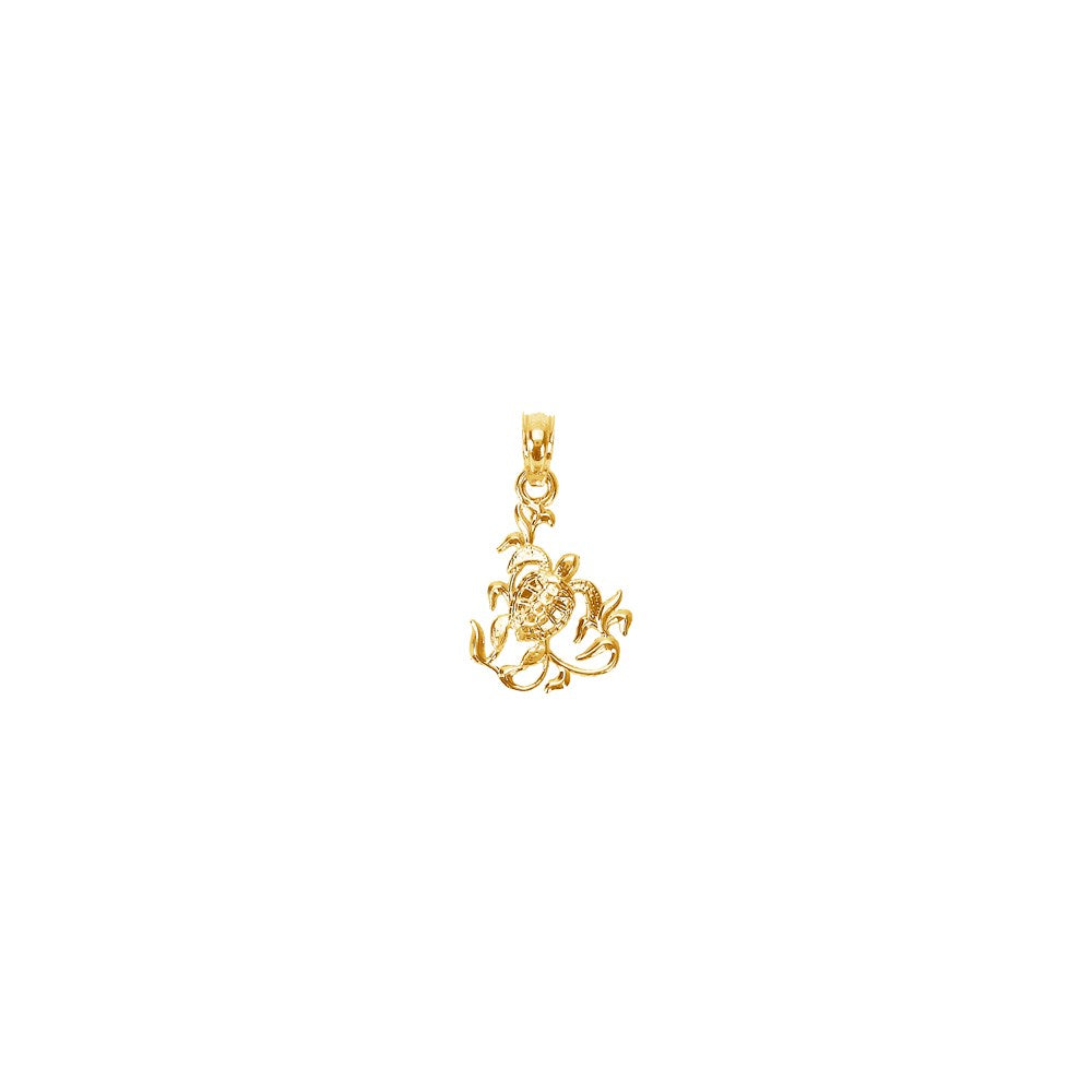 Million Charms 14K Yellow Gold Themed Textured Mini Sea Turtle & Kelp Charm
